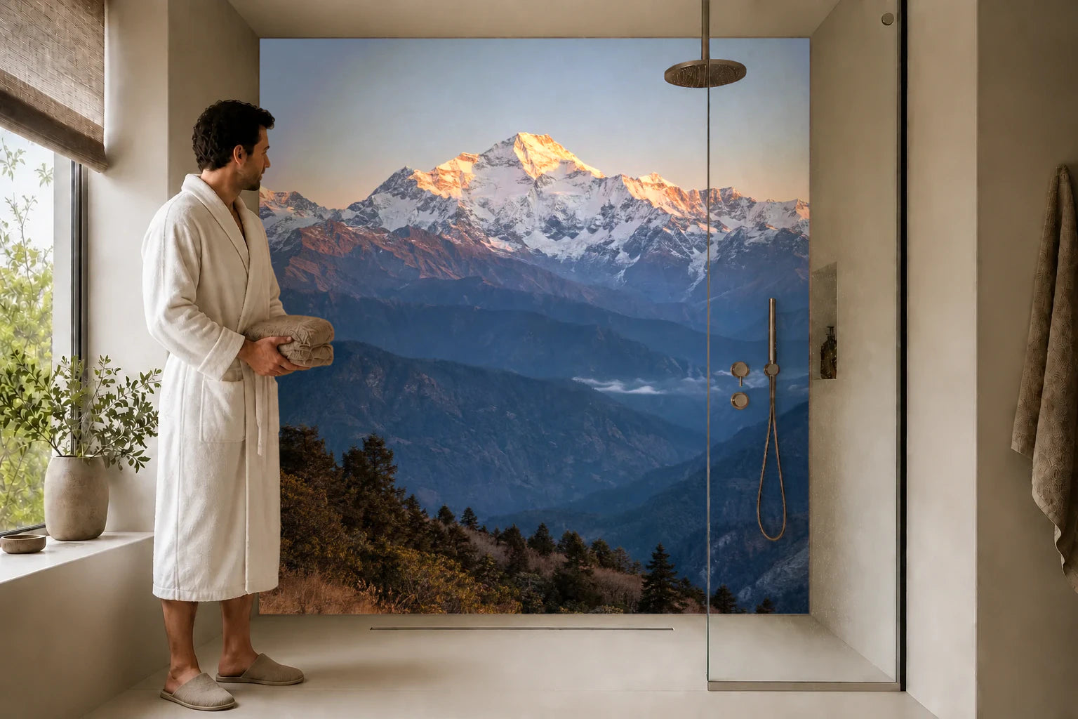 Duschrückwand „Annapurna im ersten Berglicht“ in einer Dusche mit einem Mann im Bademantel