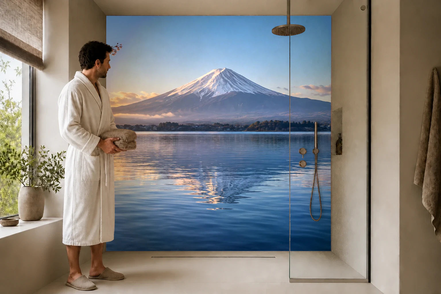 Duschrückwand „Fuji über dem Kawaguchisee“ in einer Dusche mit einem Mann im Bademantel