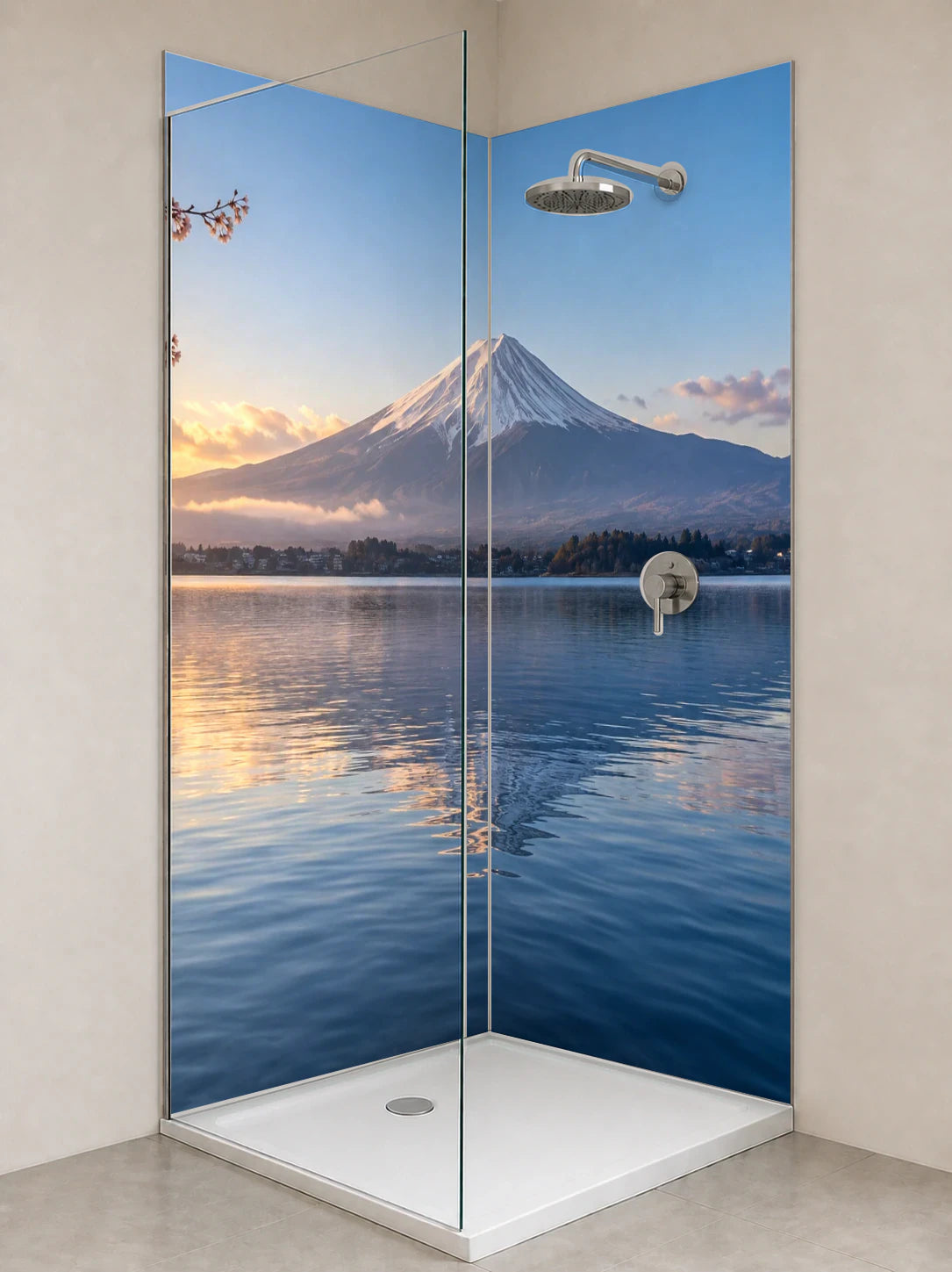 Duschrückwand „Fuji über dem Kawaguchisee“ als installierte Rückwand in einer hellen Dusche