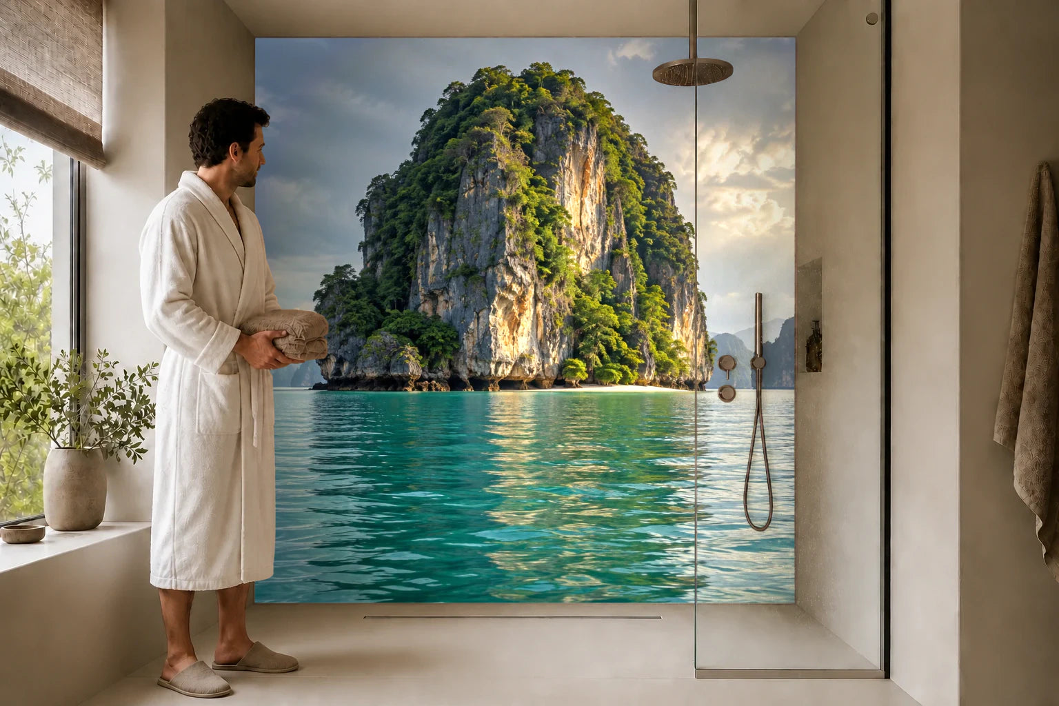 Duschrückwand „Phang Nga nach dem Regen“ in einer Dusche mit einem Mann im Bademantel