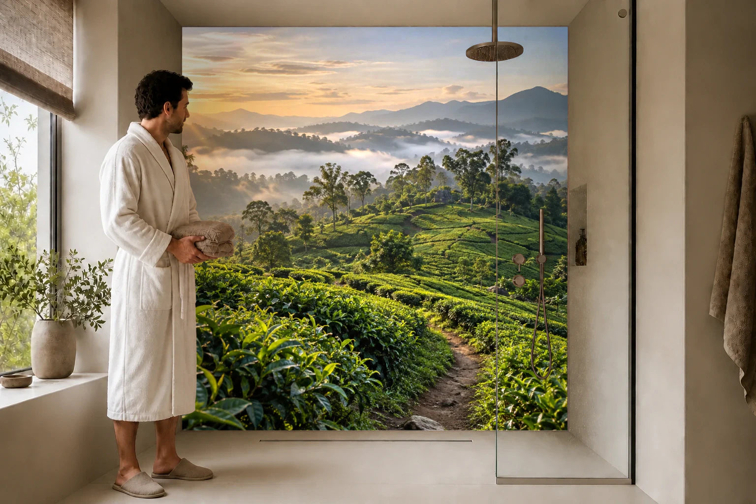 Duschrückwand „Ella im Morgennebel“ in einer Dusche mit einem Mann im Bademantel