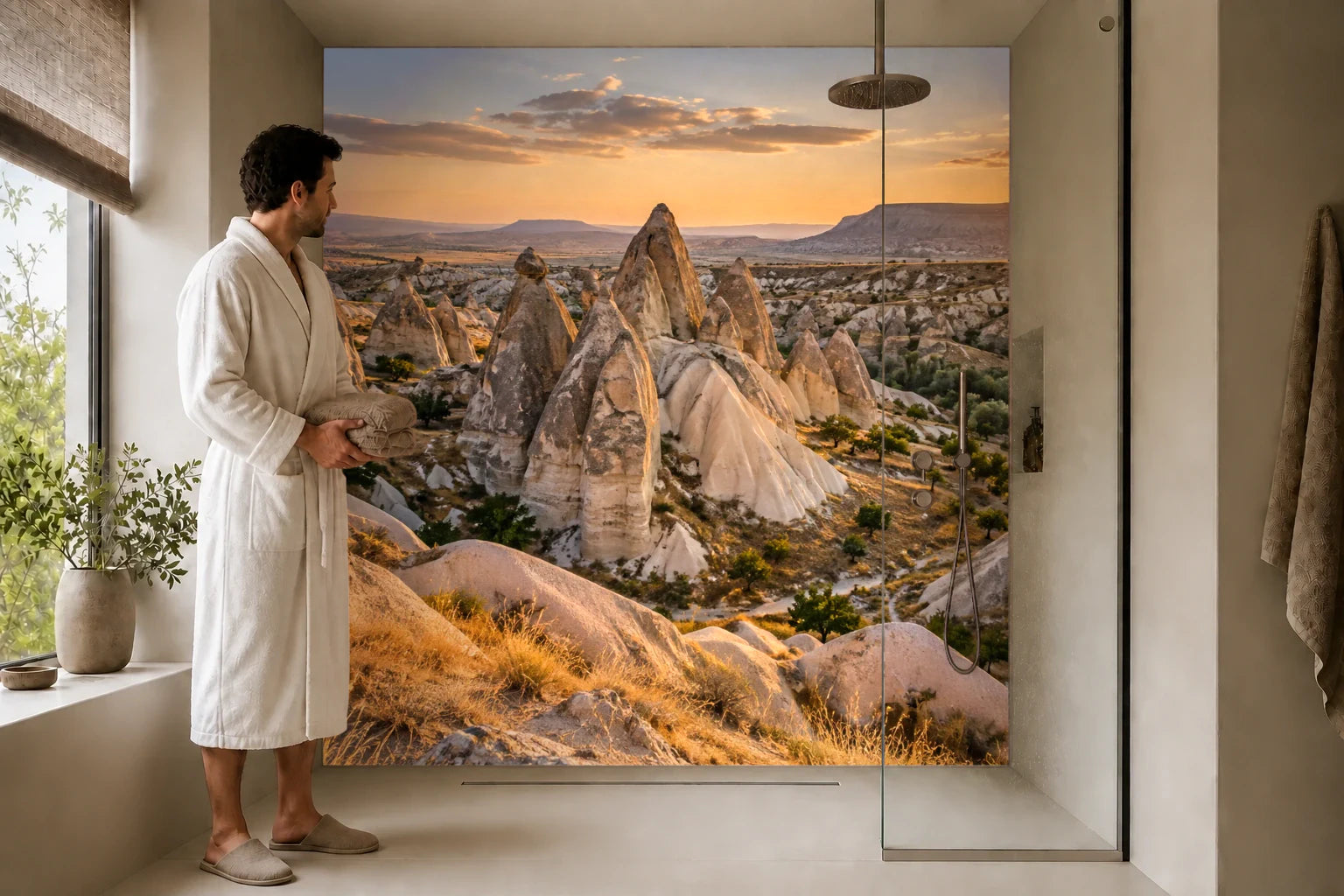Duschrückwand „Kappadokien im Abendlicht“ in einer Dusche mit einem Mann im Bademantel