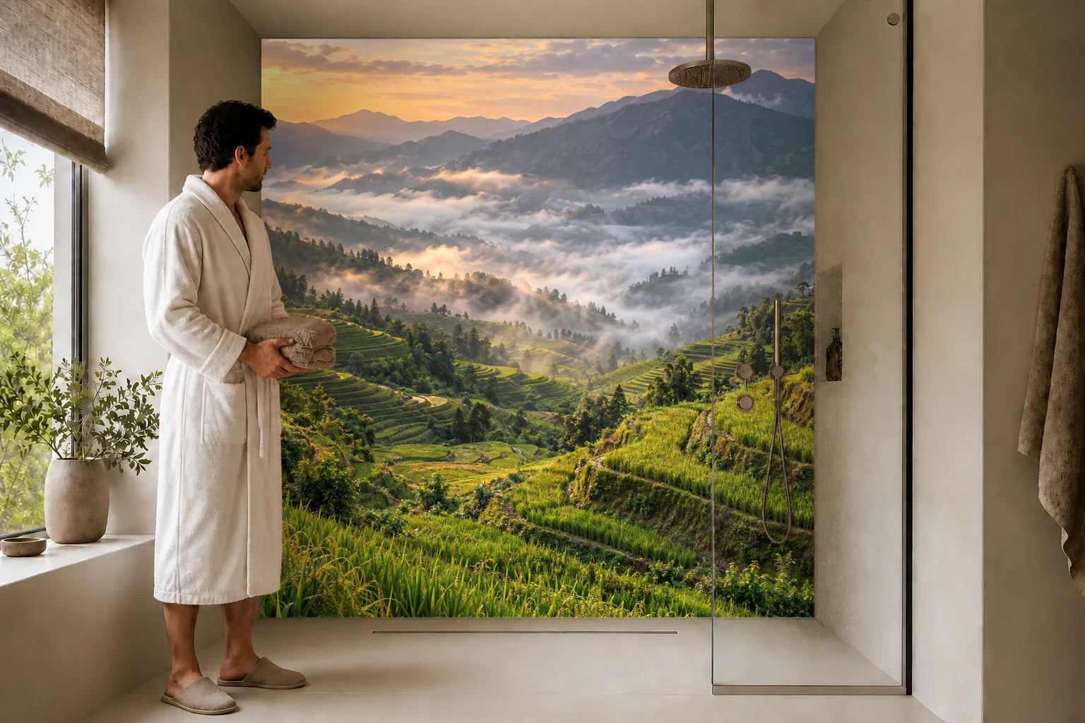 Duschrückwand „Longji im ersten Licht“ in einer Dusche mit einem Mann im Bademantel
