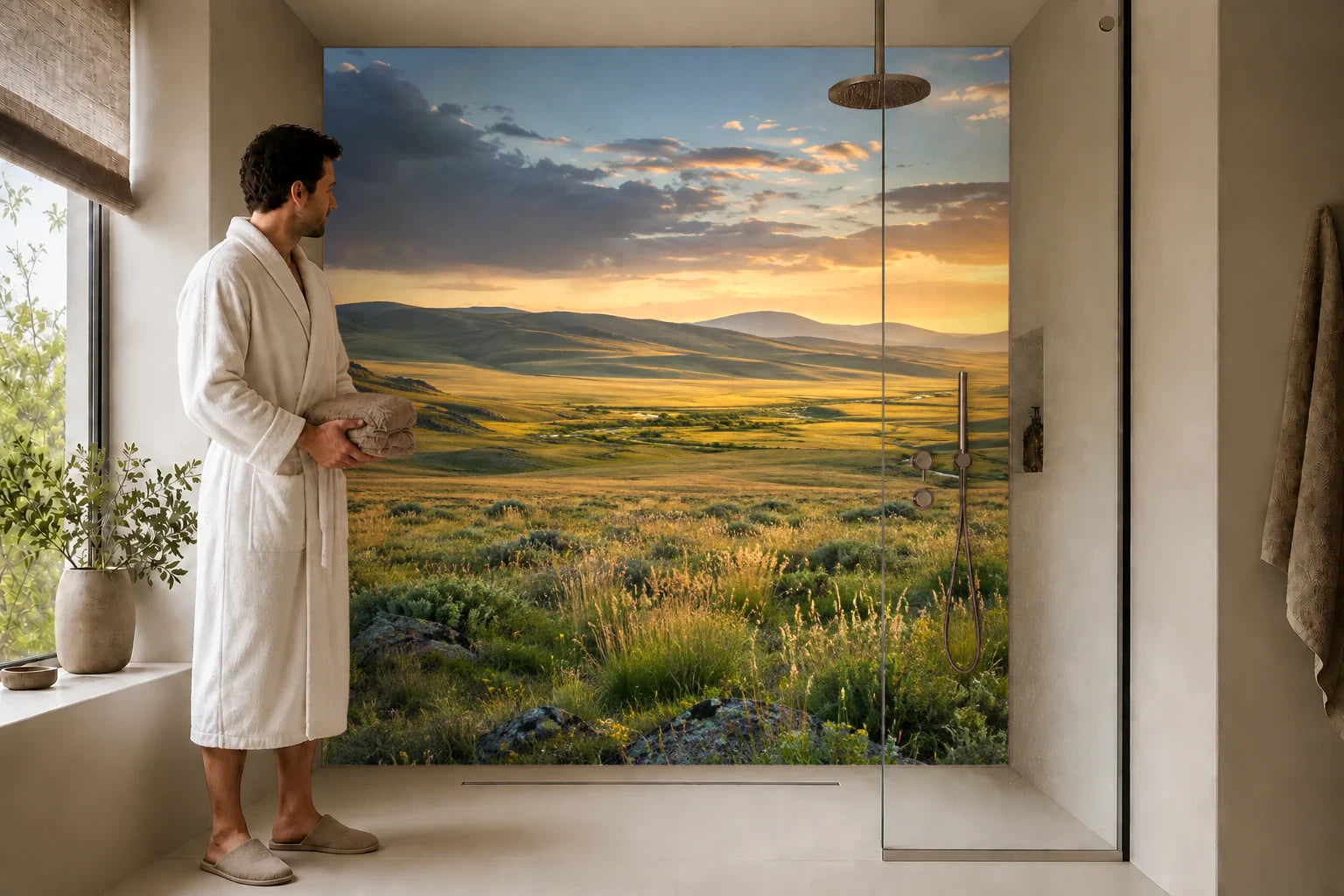Duschrückwand „Mongolische Steppe nach dem Gewitter“ in einer Dusche mit einem Mann im Bademantel