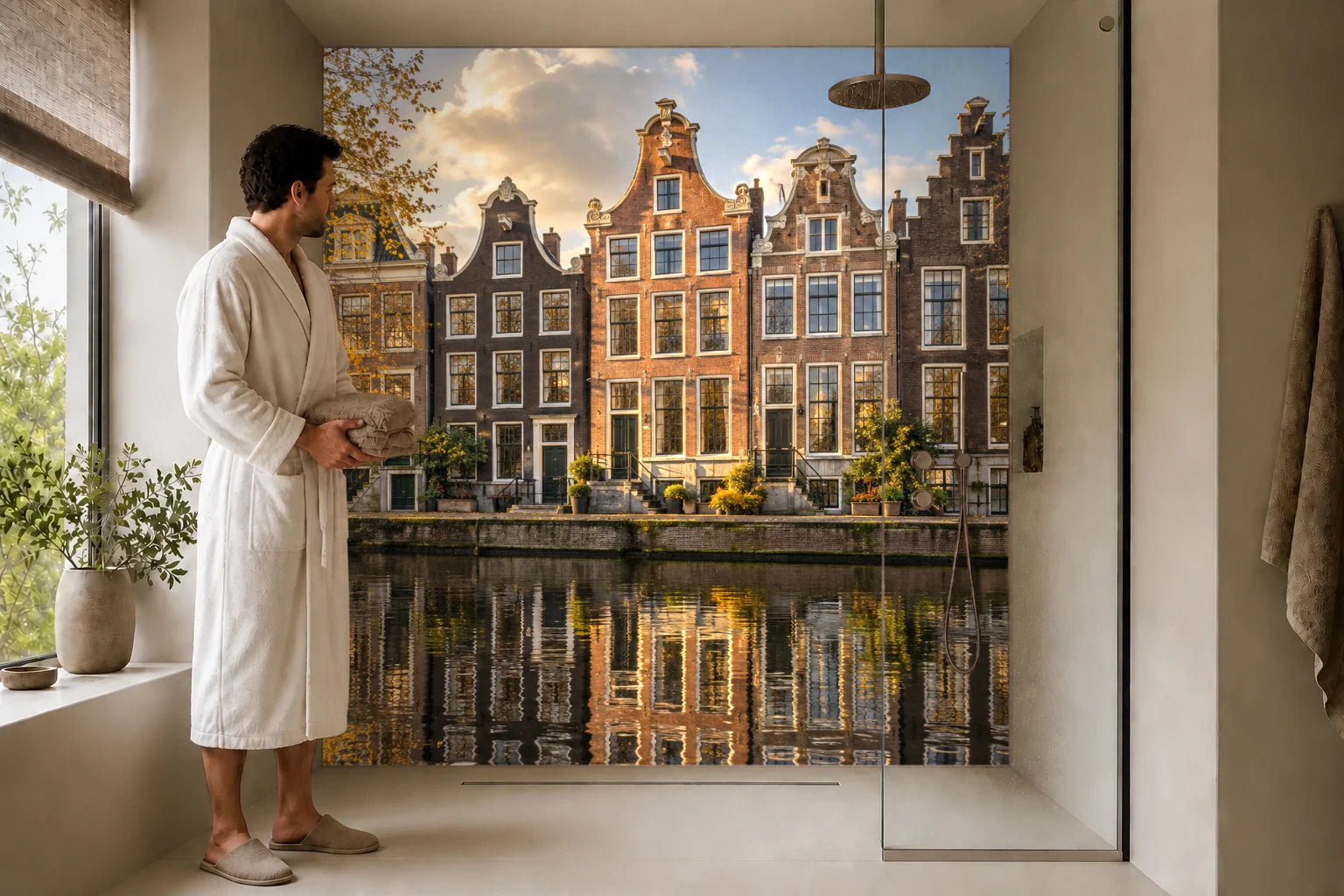 Duschrückwand „Amsterdam im Herbstlicht“ in einer Dusche mit einem Mann im Bademantel