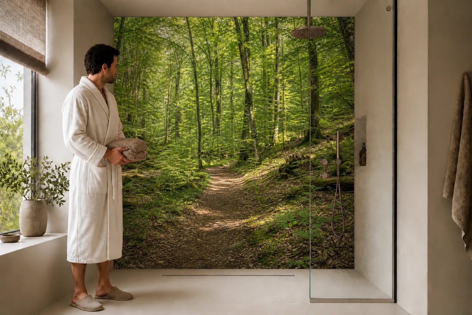 Duschrückwand „Waldpfad im Sommergrün“ in einer Dusche mit einem Mann im Bademantel