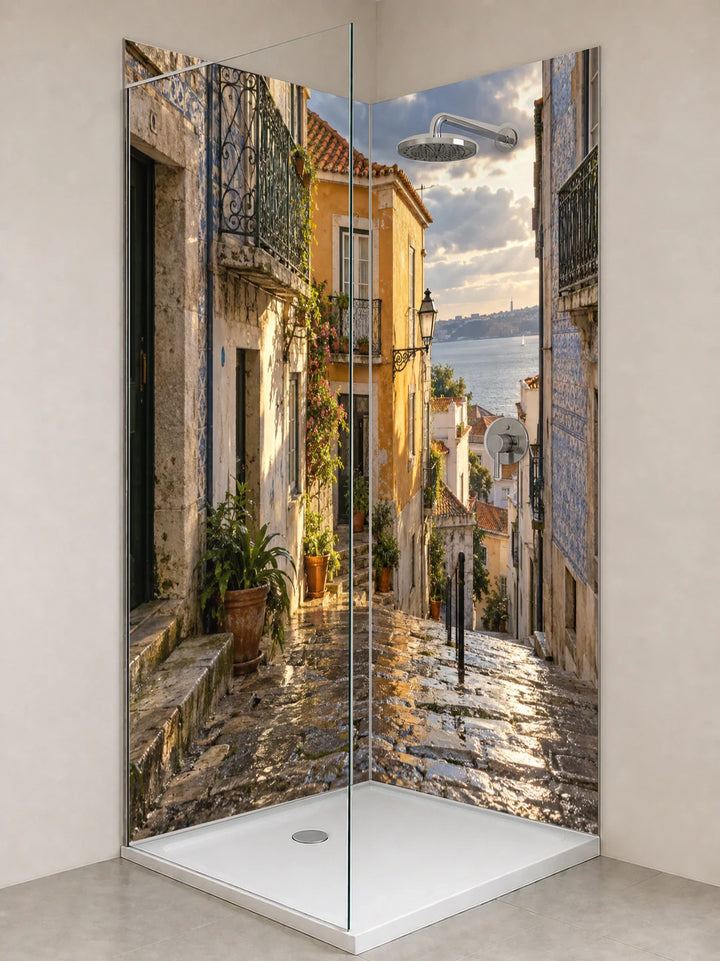 Duschrückwand „Lissabon nach dem Sommerregen“ als installierte Rückwand in einer hellen Dusche