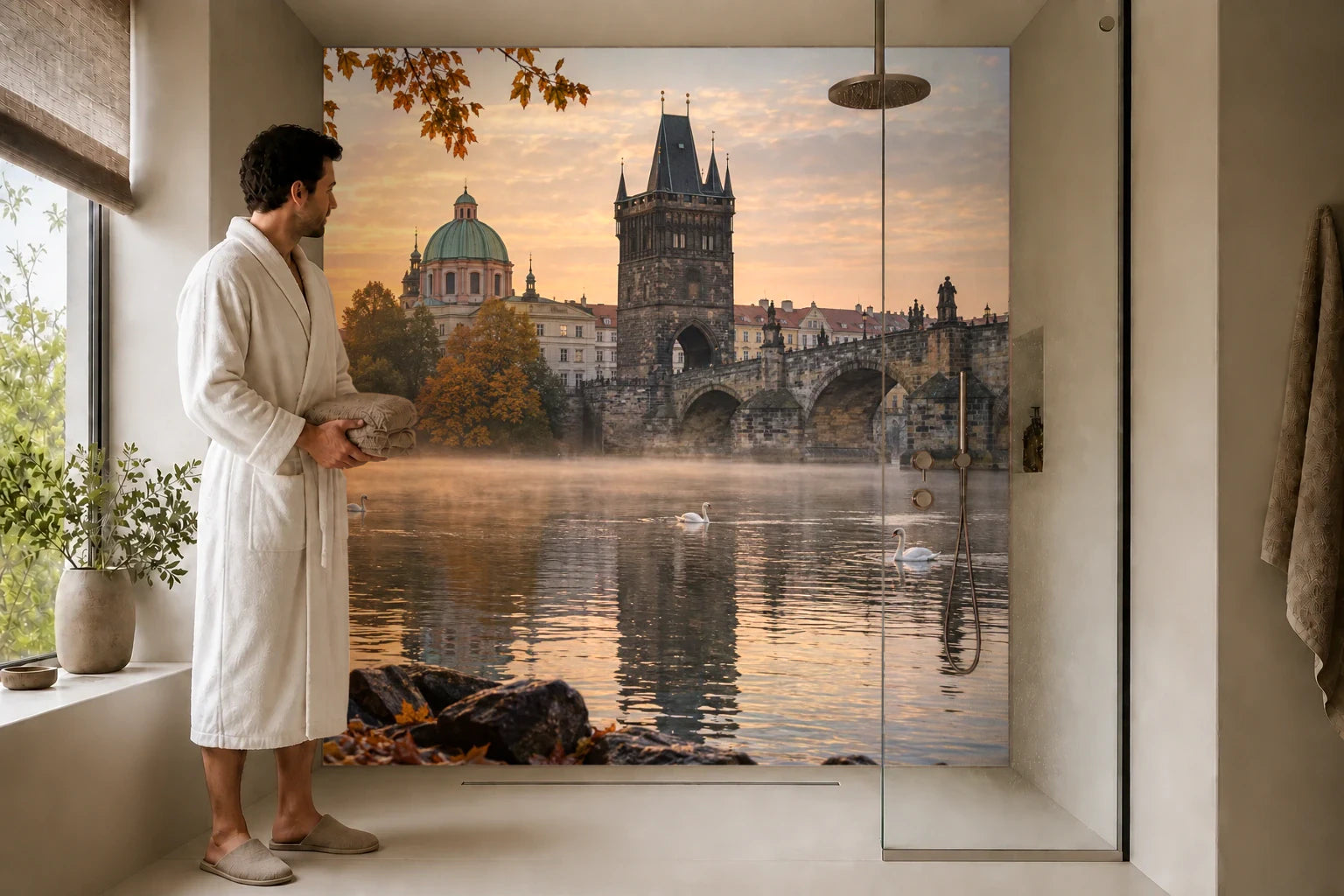 Duschrückwand „Prag im Morgennebel“ in einer Dusche mit einem Mann im Bademantel