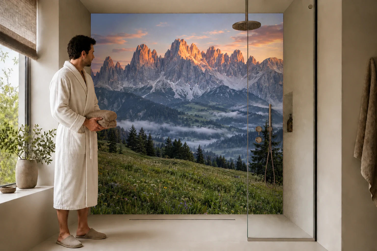 Duschrückwand „Dolomiten im Alpenglühen“ in einer Dusche mit einem Mann im Bademantel