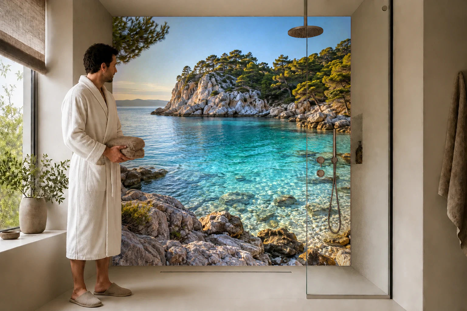 Duschrückwand „Adria-Bucht im klaren Morgen“ in einer Dusche mit einem Mann im Bademantel