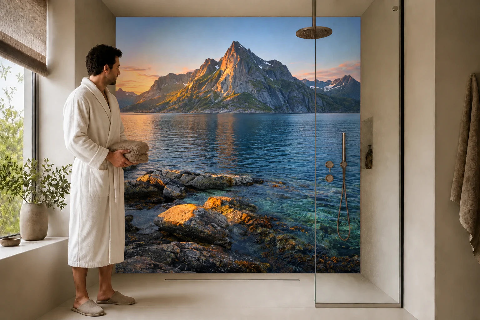 Duschrückwand „Lofoten in der Mitternachtssonne“ in einer Dusche mit einem Mann im Bademantel