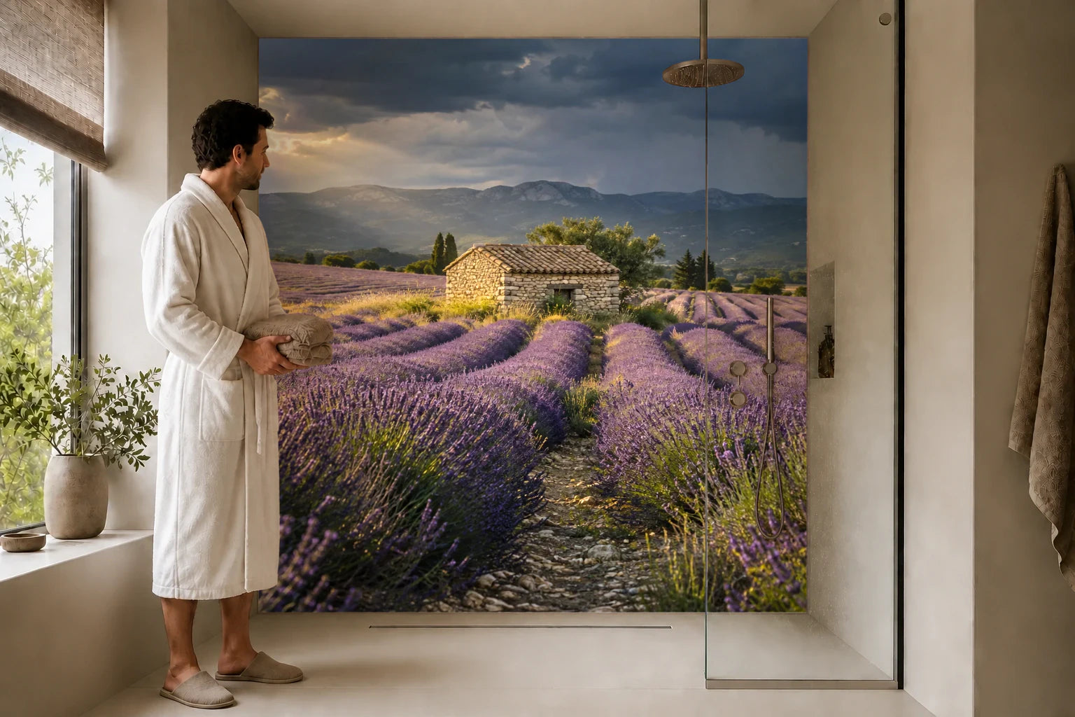 Duschrückwand „Provence vor dem Gewitterschauer“ in einer Dusche mit einem Mann im Bademantel