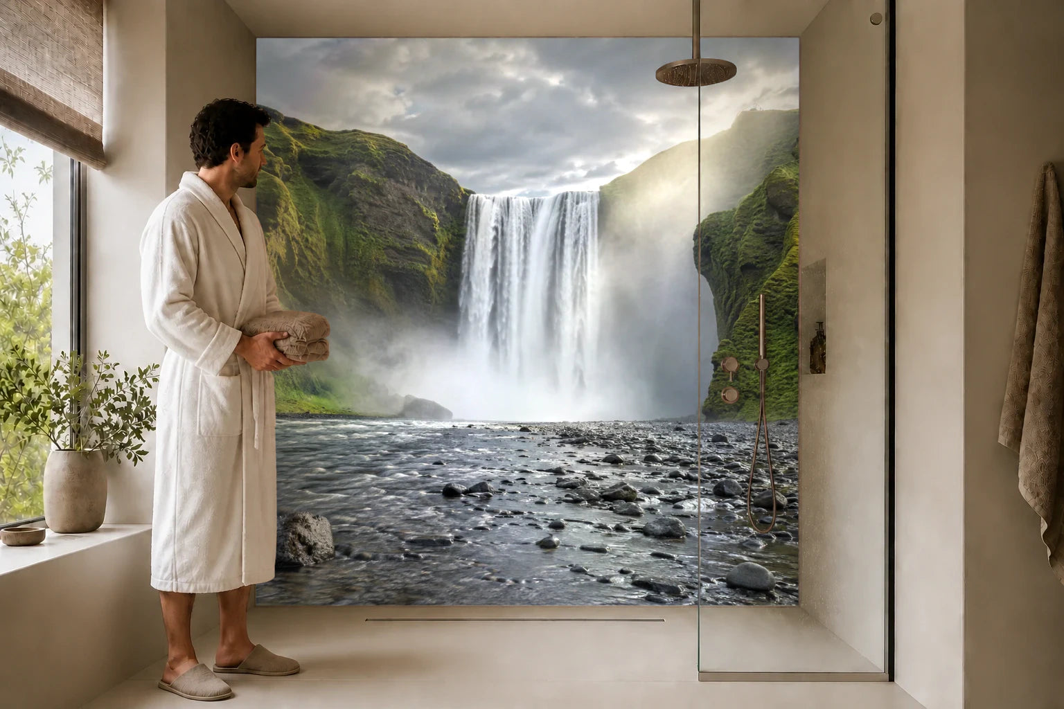 Duschrückwand „Skógafoss im Lichtwechsel“ in einer Dusche mit einem Mann im Bademantel