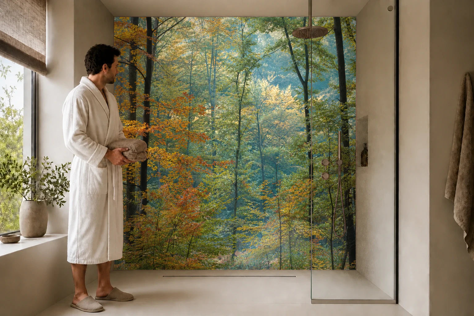 Duschrückwand „Farblicht im Waldhain“ in einer Dusche mit einem Mann im Bademantel