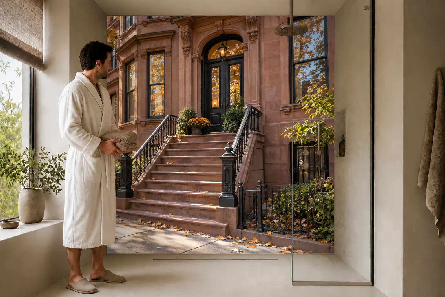 Duschrückwand „Herbstlicht in Brooklyn“ in einer Dusche mit einem Mann im Bademantel