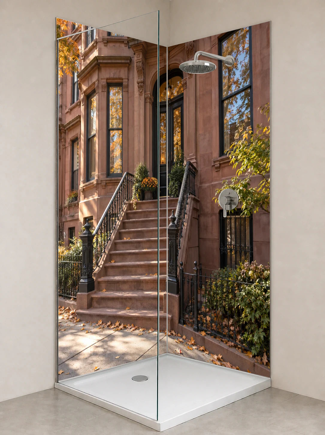 Duschrückwand „Herbstlicht in Brooklyn“ als installierte Rückwand in einer hellen Dusche