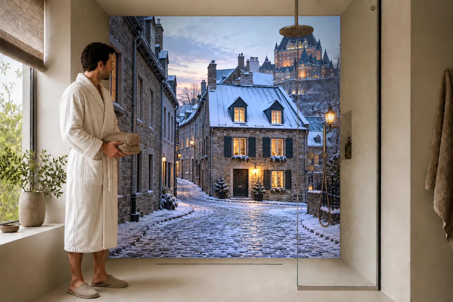 Duschrückwand „Erster Schnee in Québec“ in einer Dusche mit einem Mann im Bademantel