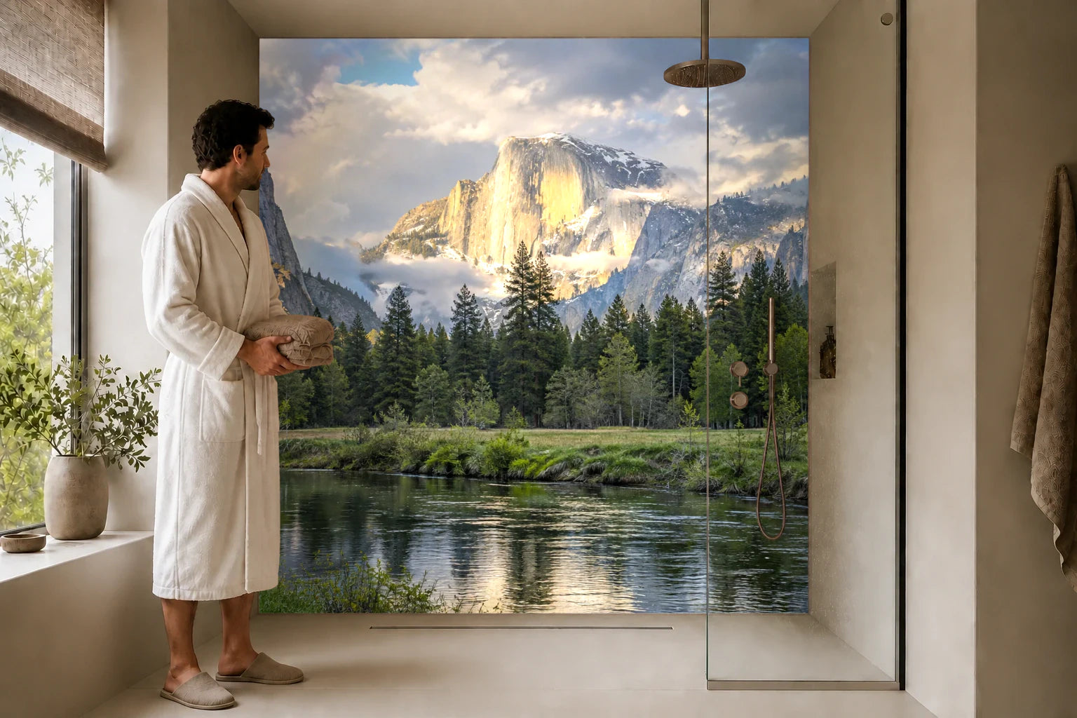 Duschrückwand „Frühlingslicht im Yosemite-Tal“ in einer Dusche mit einem Mann im Bademantel