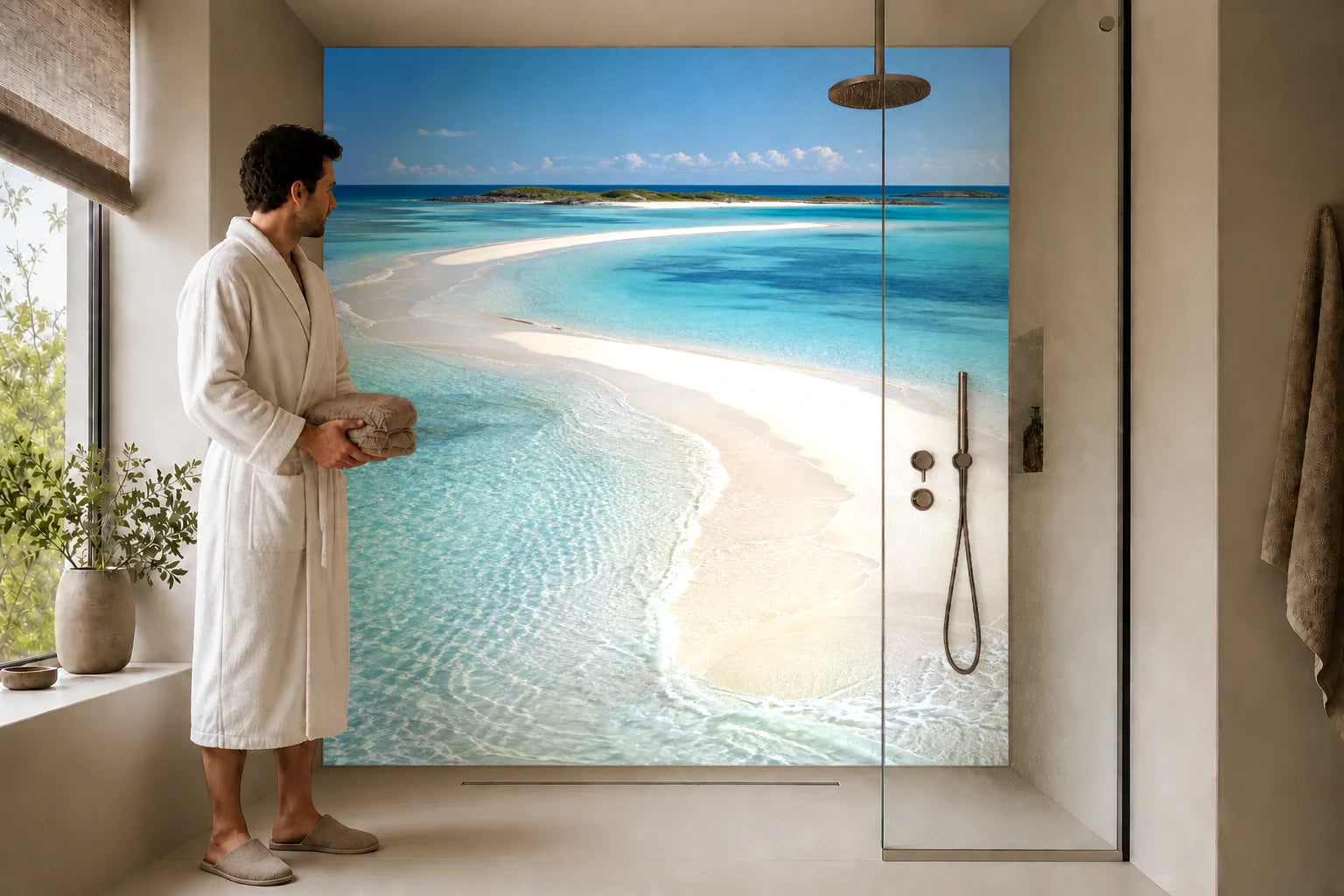 Duschrückwand „Sandbank auf den Bahamas“ in einer Dusche mit einem Mann im Bademantel
