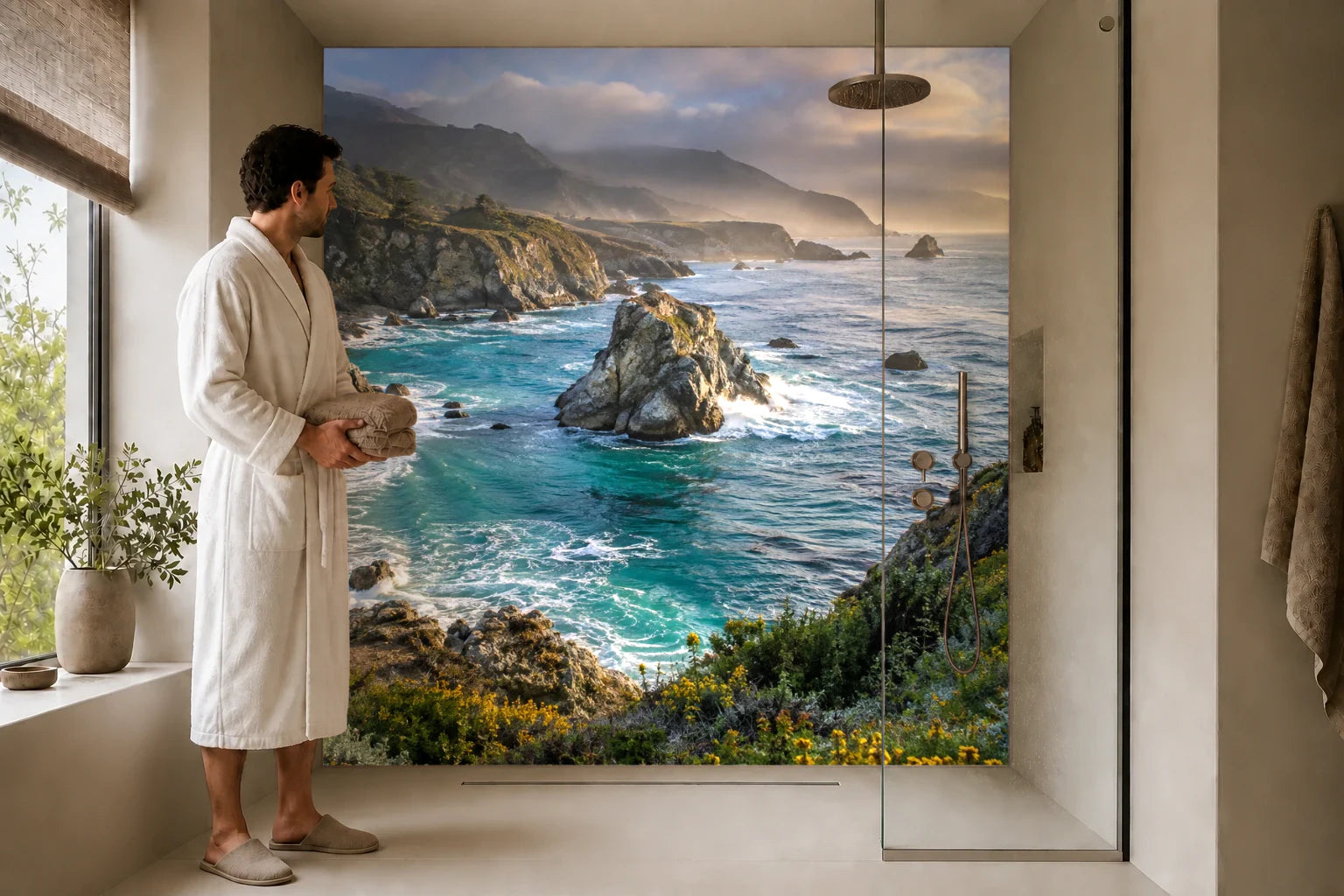 Duschrückwand „Küstenlicht bei Big Sur“ in einer Dusche mit einem Mann im Bademantel