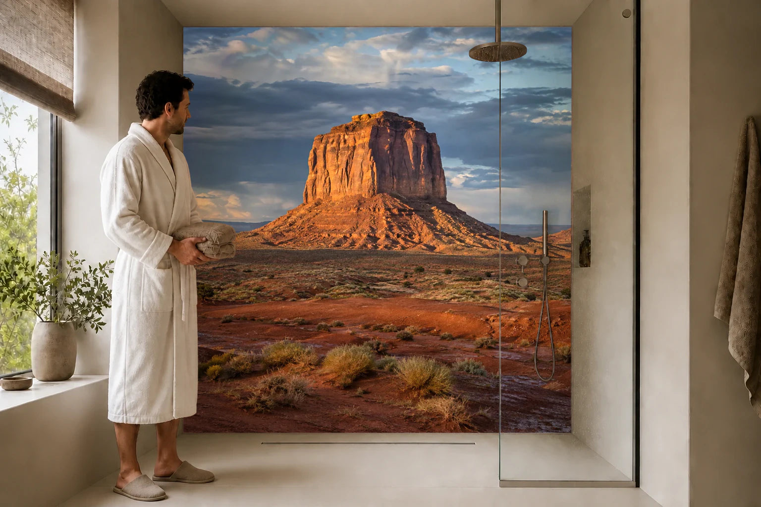 Duschrückwand „Monument Valley nach dem Regen“ in einer Dusche mit einem Mann im Bademantel