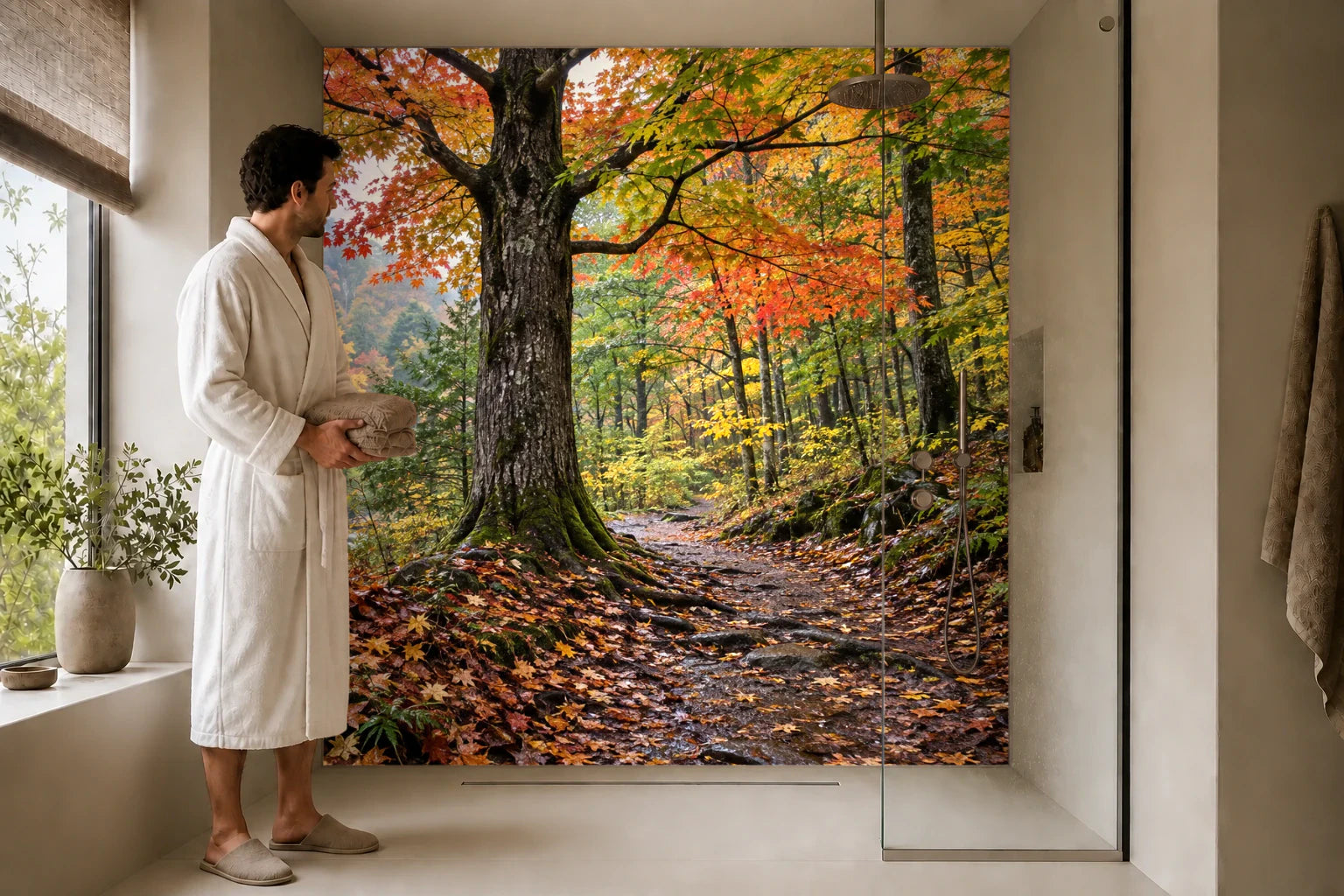 Duschrückwand „Ahornwald nach dem Herbstregen“ in einer Dusche mit einem Mann im Bademantel