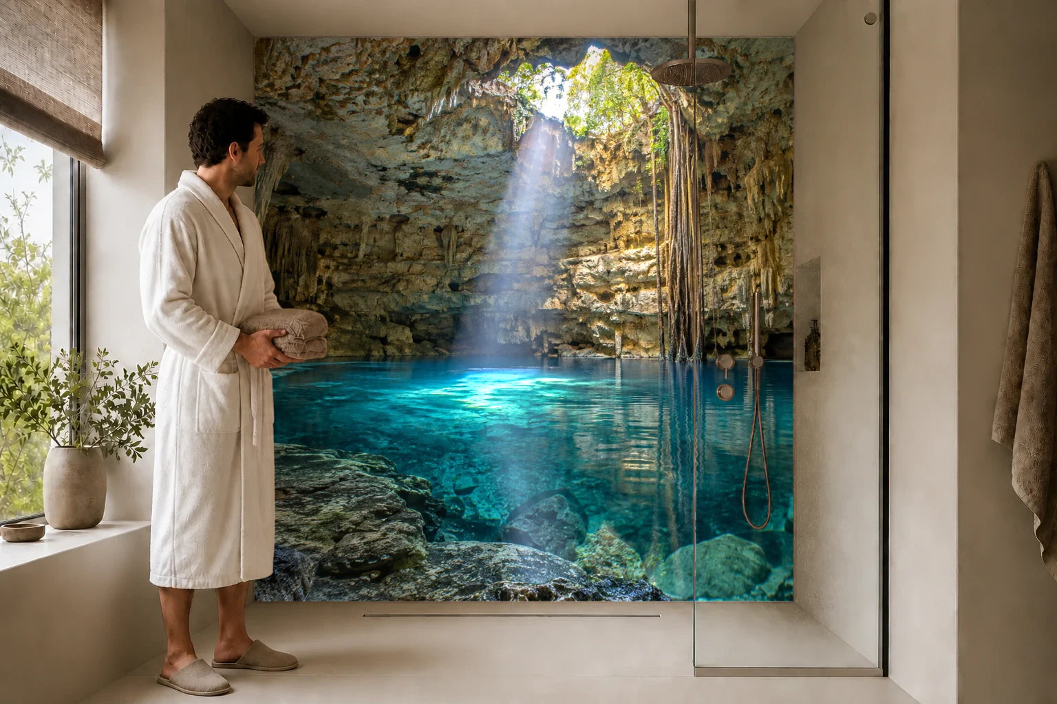 Duschrückwand „Lichtstrahl in einer Cenote“ in einer Dusche mit einem Mann im Bademantel