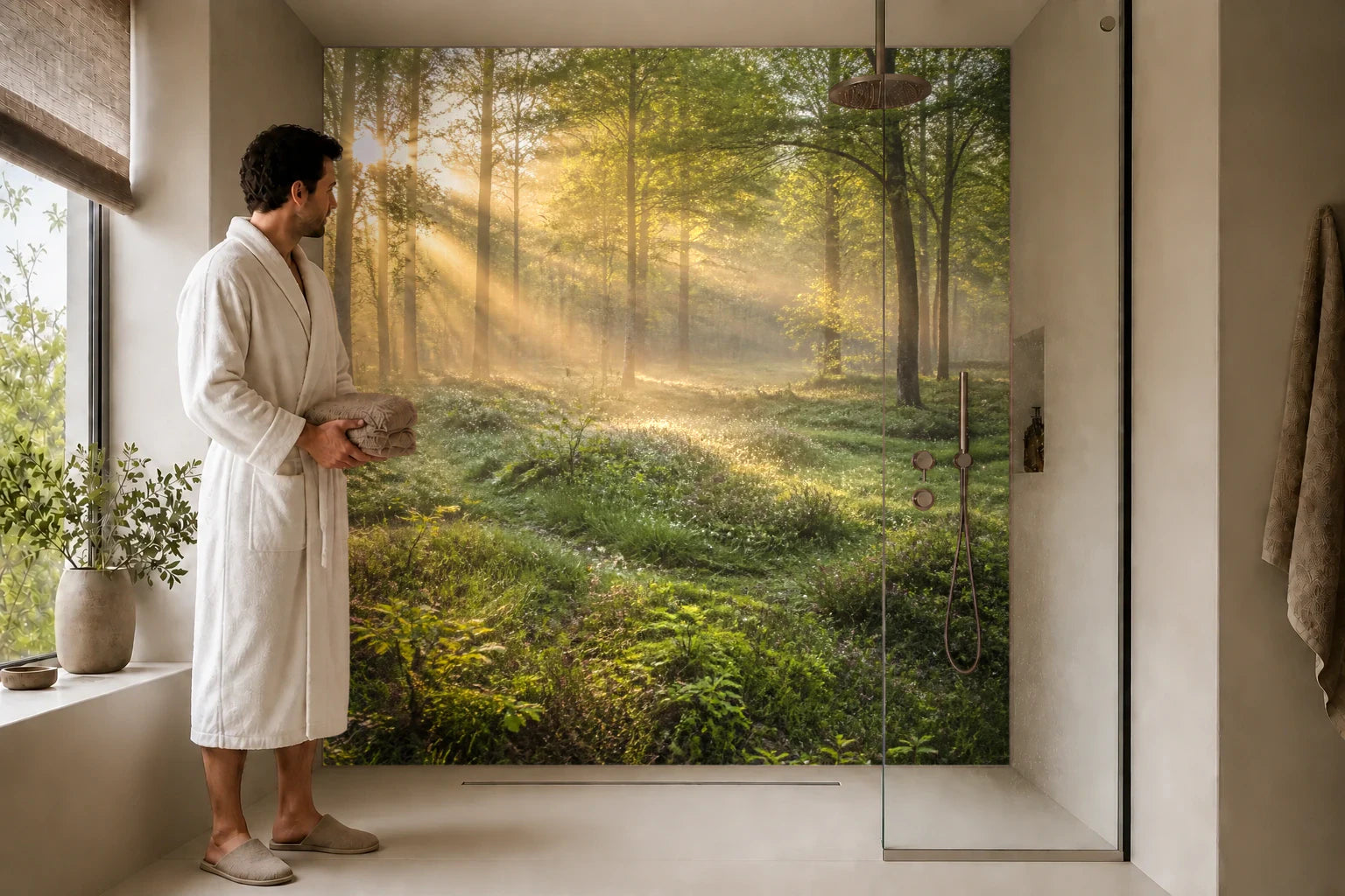 Duschrückwand „Goldmorgen in der Waldlichtung“ in einer Dusche mit einem Mann im Bademantel