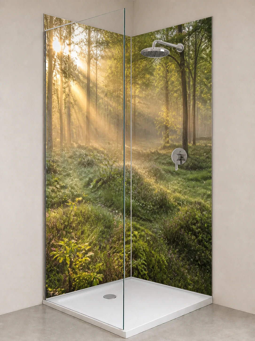 Duschrückwand „Goldmorgen in der Waldlichtung“ als installierte Rückwand in einer hellen Dusche