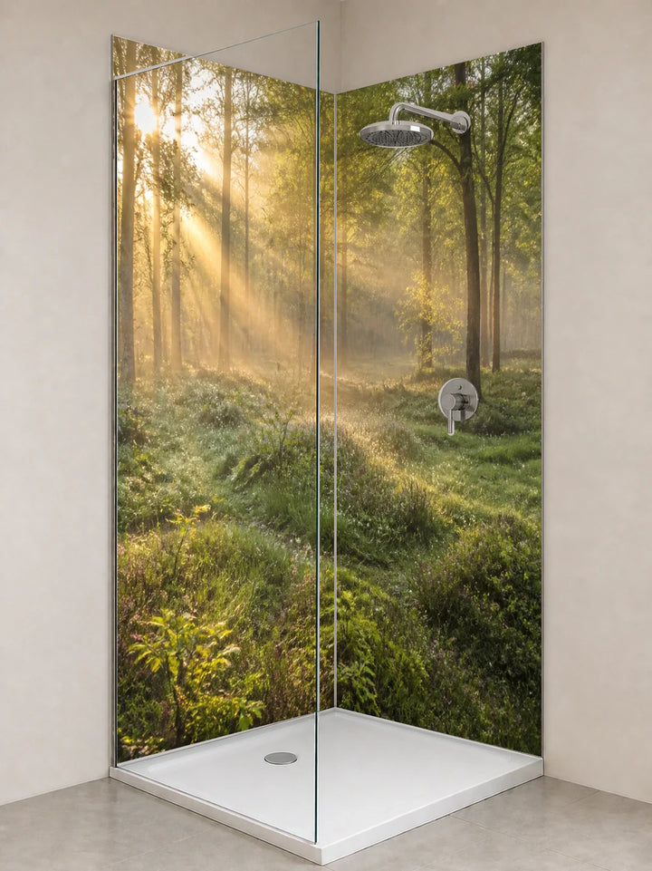 Duschrückwand „Goldmorgen in der Waldlichtung“ als installierte Rückwand in einer hellen Dusche
