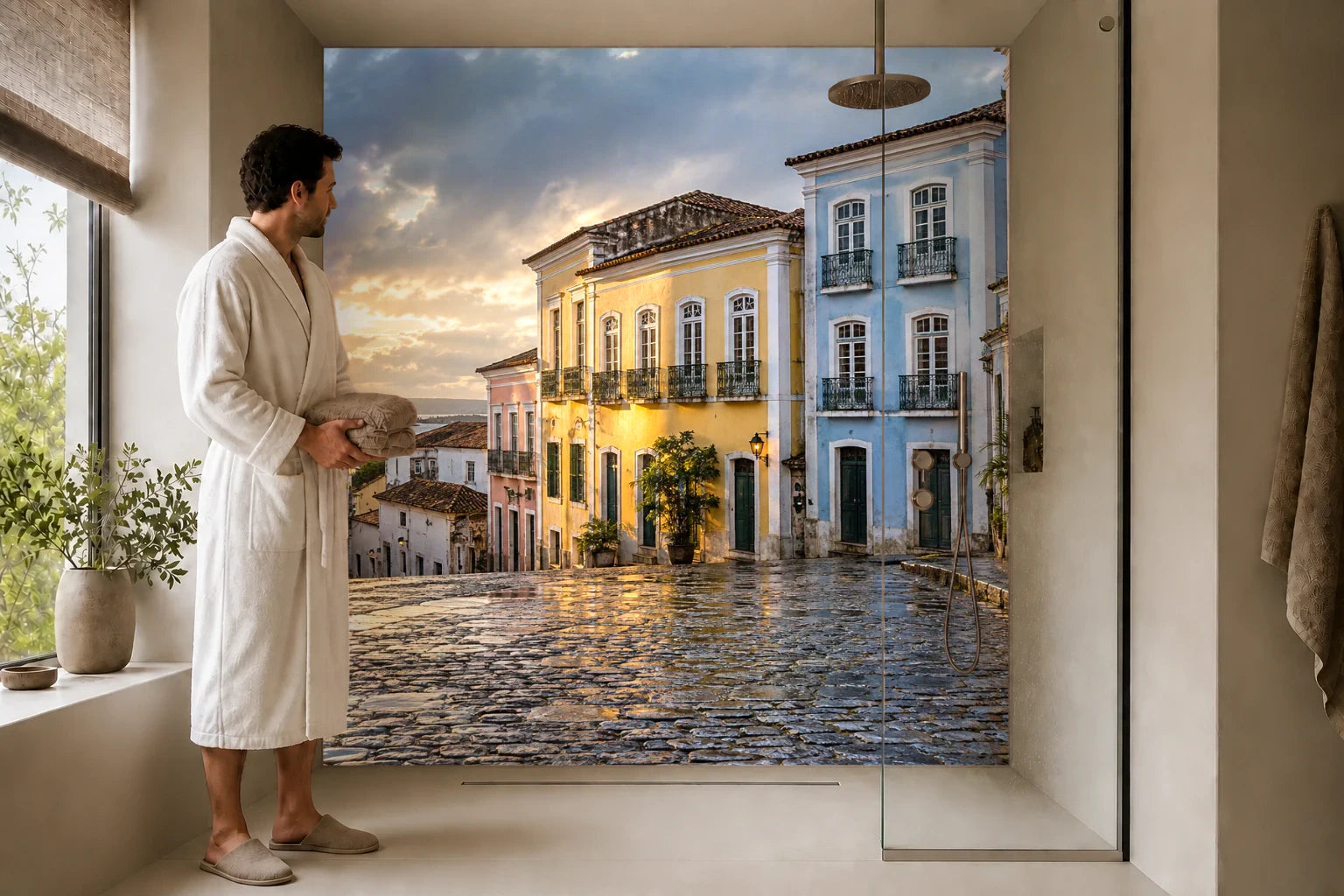 Duschrückwand „Salvador im warmen Regenlicht“ in einer Dusche mit einem Mann im Bademantel
