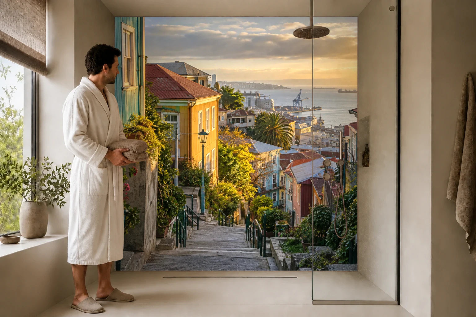 Duschrückwand „Valparaíso zwischen Sonne und Meer“ in einer Dusche mit einem Mann im Bademantel