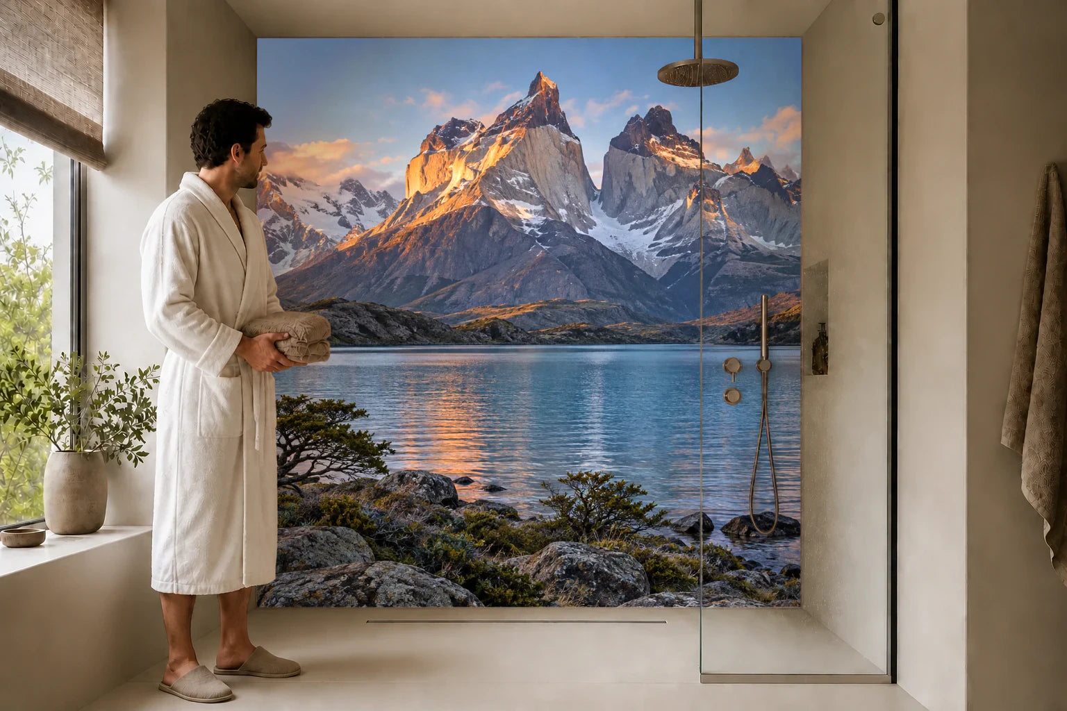 Duschrückwand „Torres del Paine im Morgenrot“ in einer Dusche mit einem Mann im Bademantel