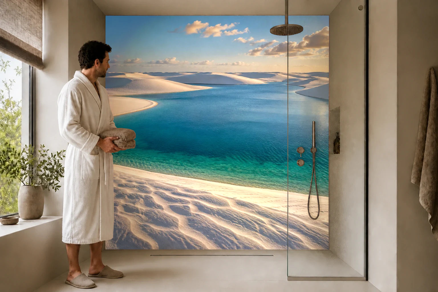 Duschrückwand „Lençóis Maranhenses nach dem Regen“ in einer Dusche mit einem Mann im Bademantel