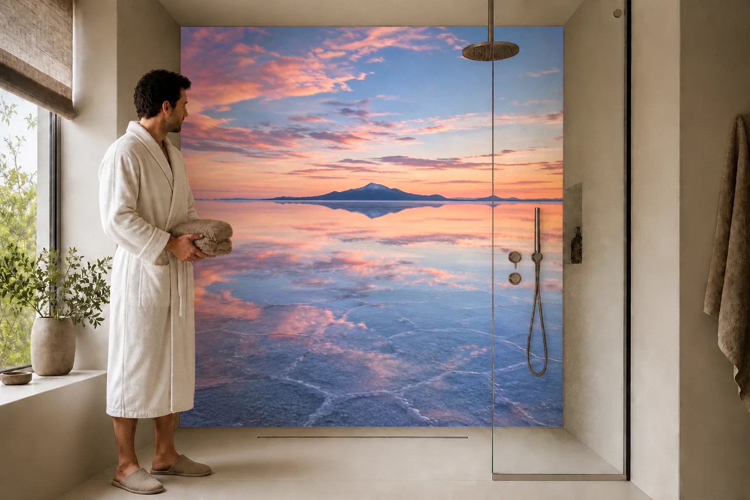 Duschrückwand „Uyuni zwischen Himmel und Salz“ in einer Dusche mit einem Mann im Bademantel