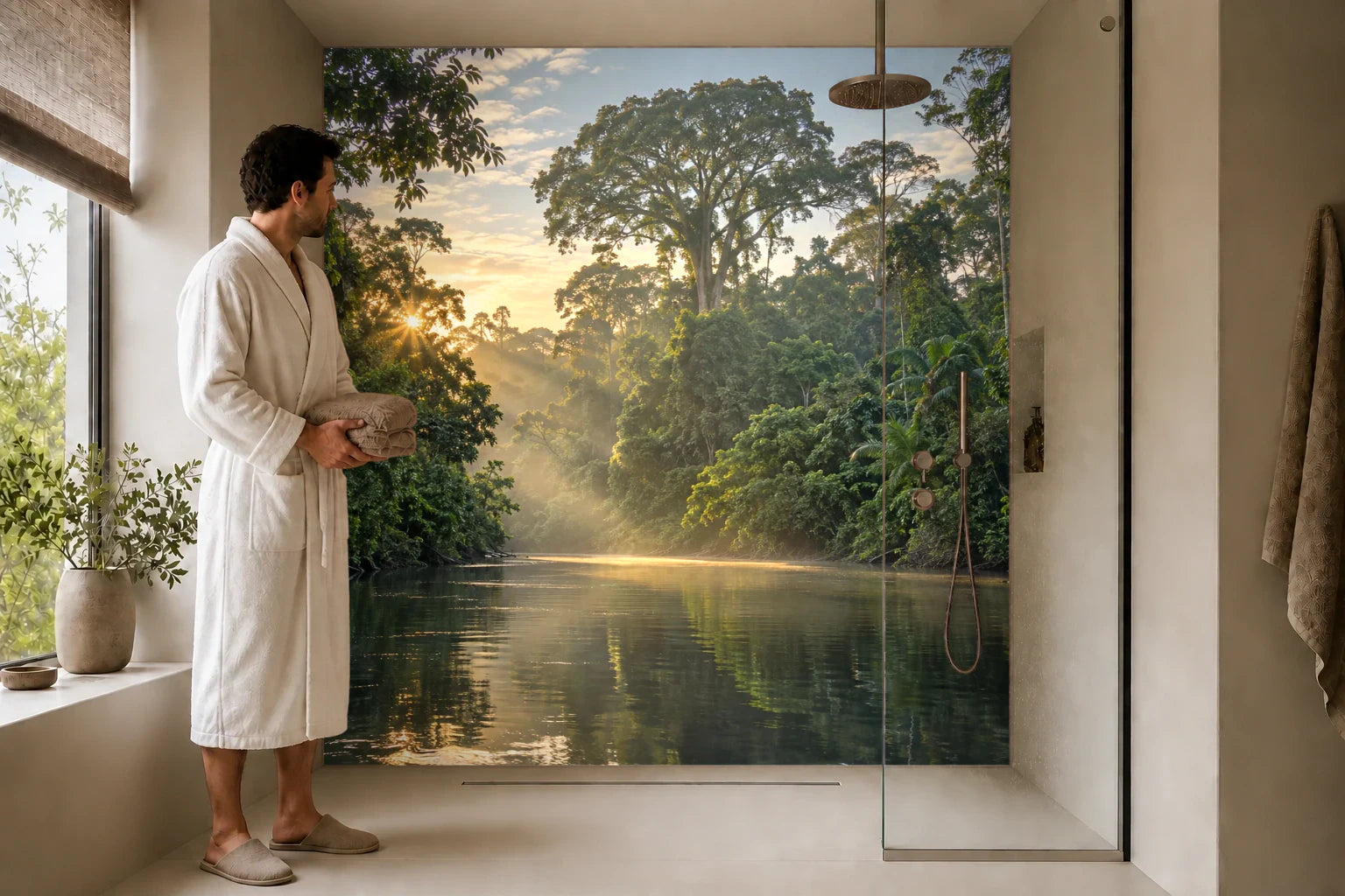 Duschrückwand „Amazonas im frühen Flussnebel“ in einer Dusche mit einem Mann im Bademantel