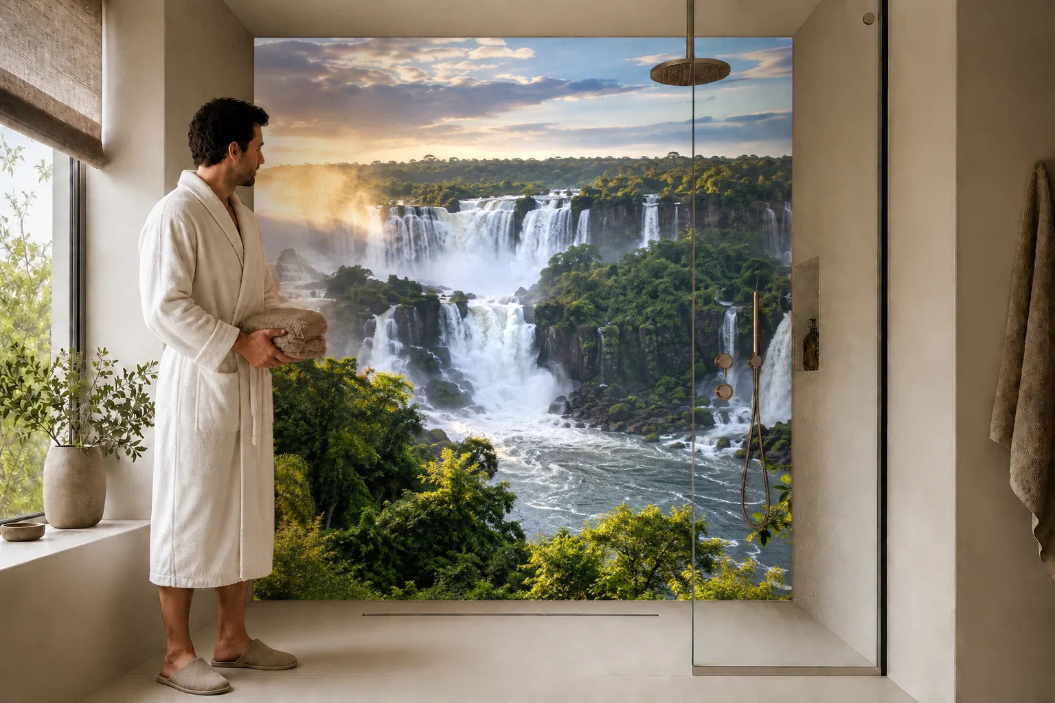 Duschrückwand „Iguazú im aufsteigenden Nebel“ in einer Dusche mit einem Mann im Bademantel