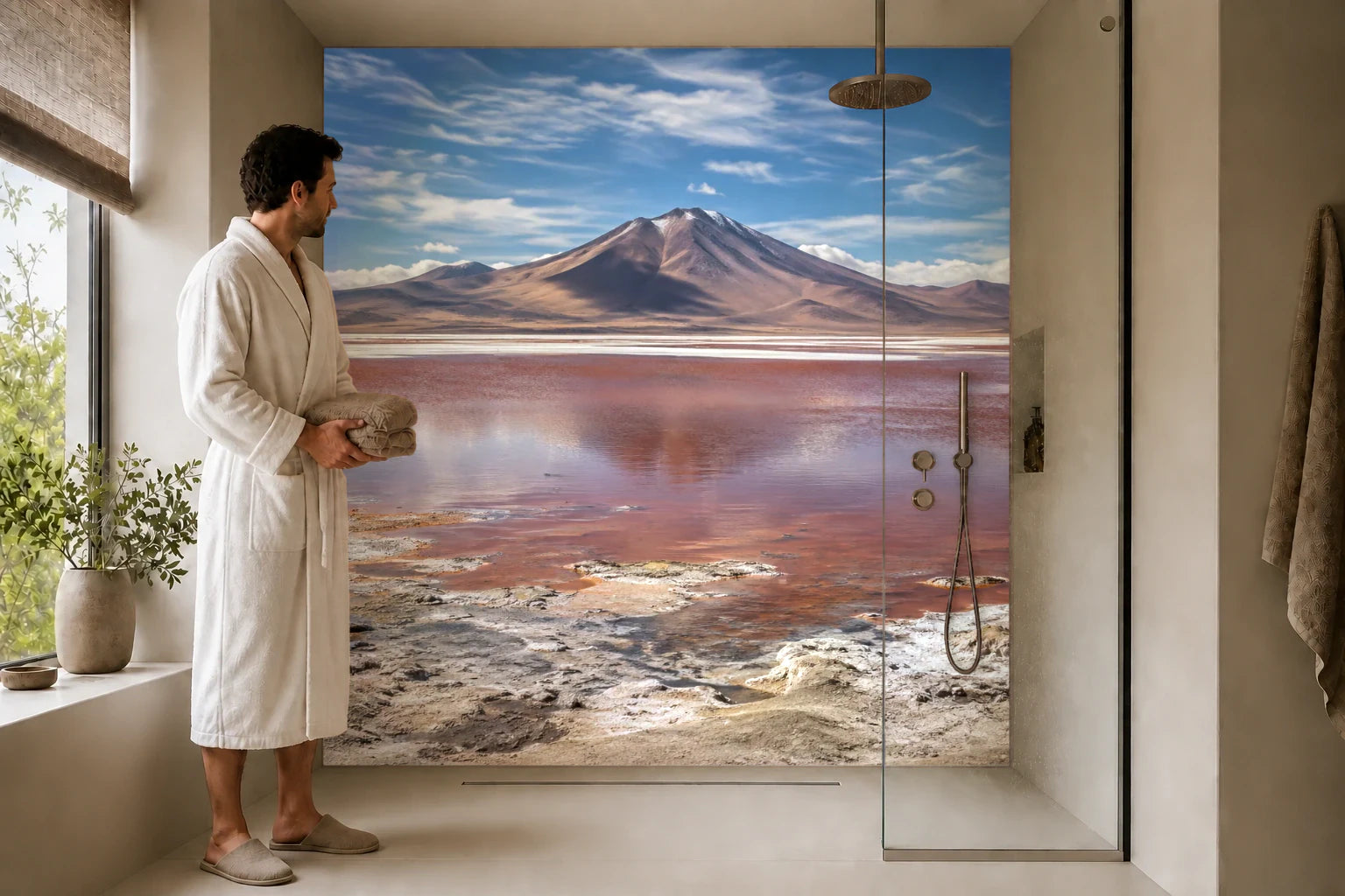 Duschrückwand „Laguna Colorada im Andenwind“ in einer Dusche mit einem Mann im Bademantel