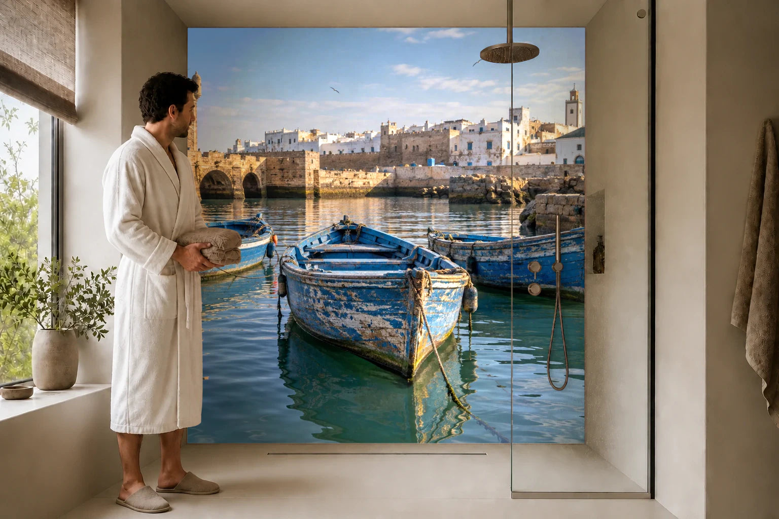 Duschrückwand „Blaue Boote im Hafen von Essaouira“ in einer Dusche mit einem Mann im Bademantel