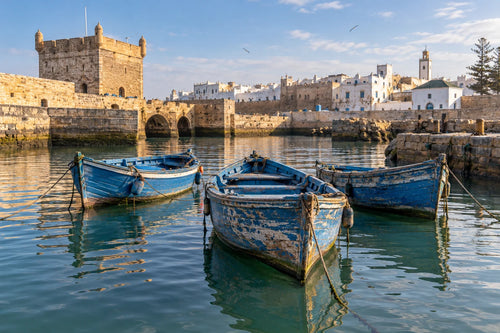 Motivvorschau „Blaue Boote im Hafen von Essaouira“ für Duschrückwand