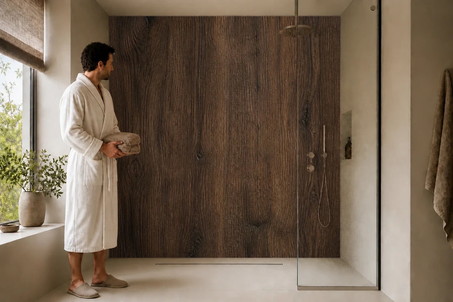 Duschrückwand „Nussbaum im Abendton“ in einer Dusche mit einem Mann im Bademantel