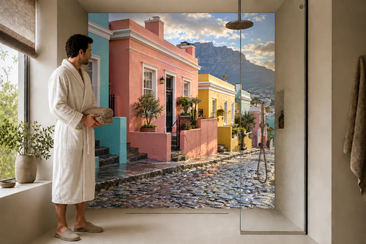 Duschrückwand „Bo-Kaap nach dem Regen“ in einer Dusche mit einem Mann im Bademantel