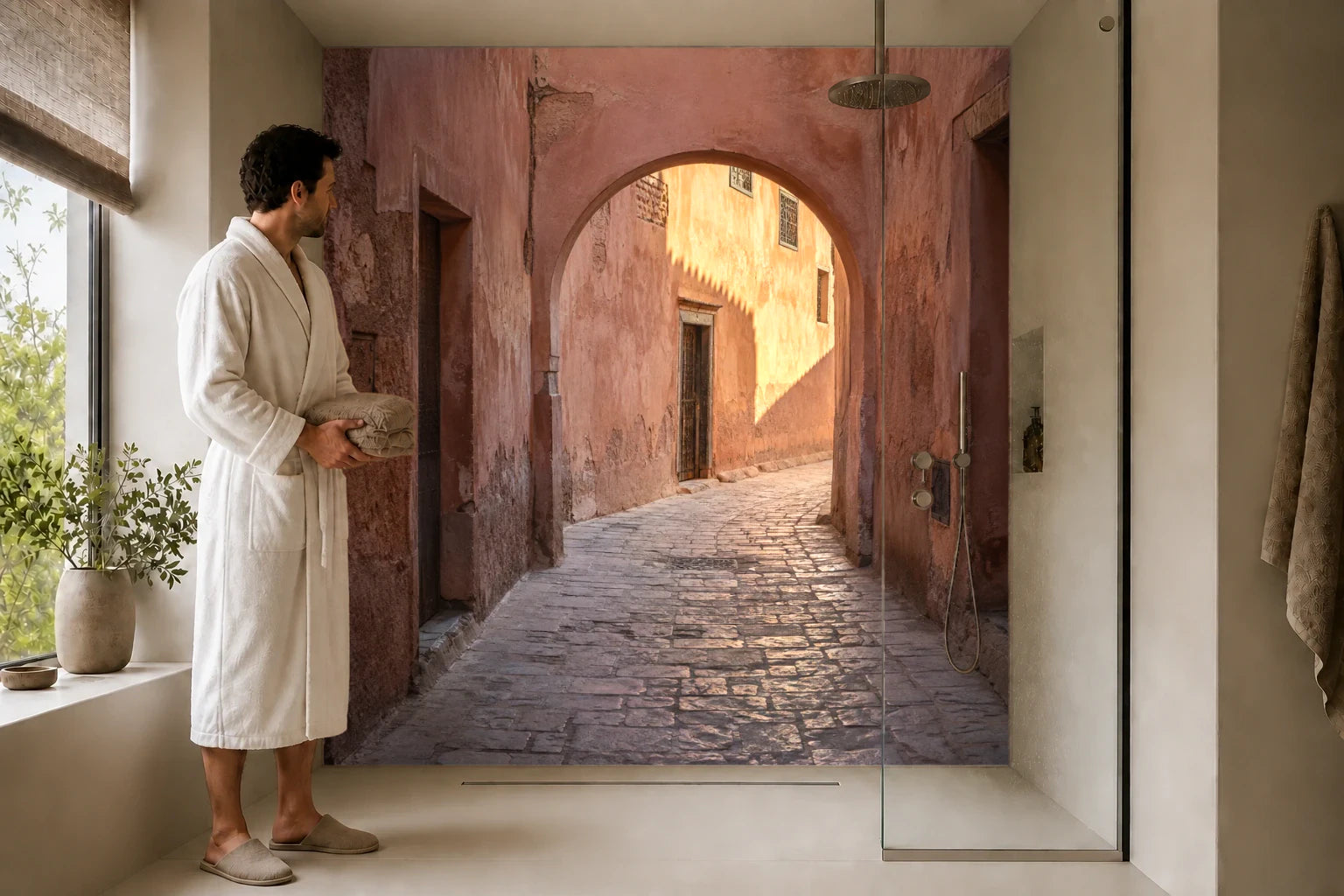 Duschrückwand „Marrakesch im ersten Sonnenlicht“ in einer Dusche mit einem Mann im Bademantel