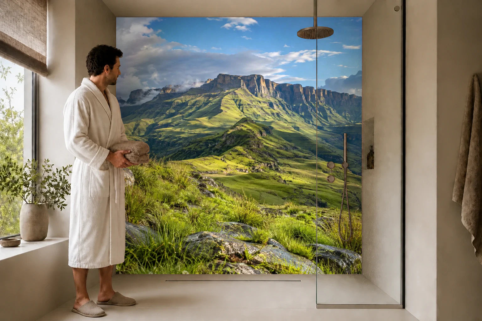 Duschrückwand „Drakensberge nach dem Gewitter“ in einer Dusche mit einem Mann im Bademantel