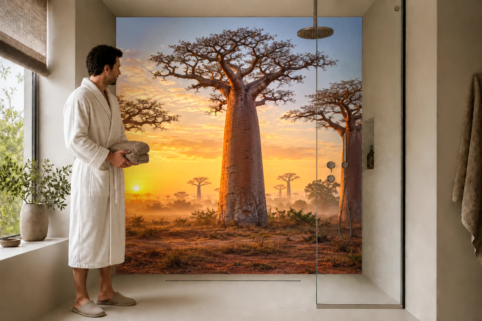 Duschrückwand „Baobabs im Morgennebel“ in einer Dusche mit einem Mann im Bademantel
