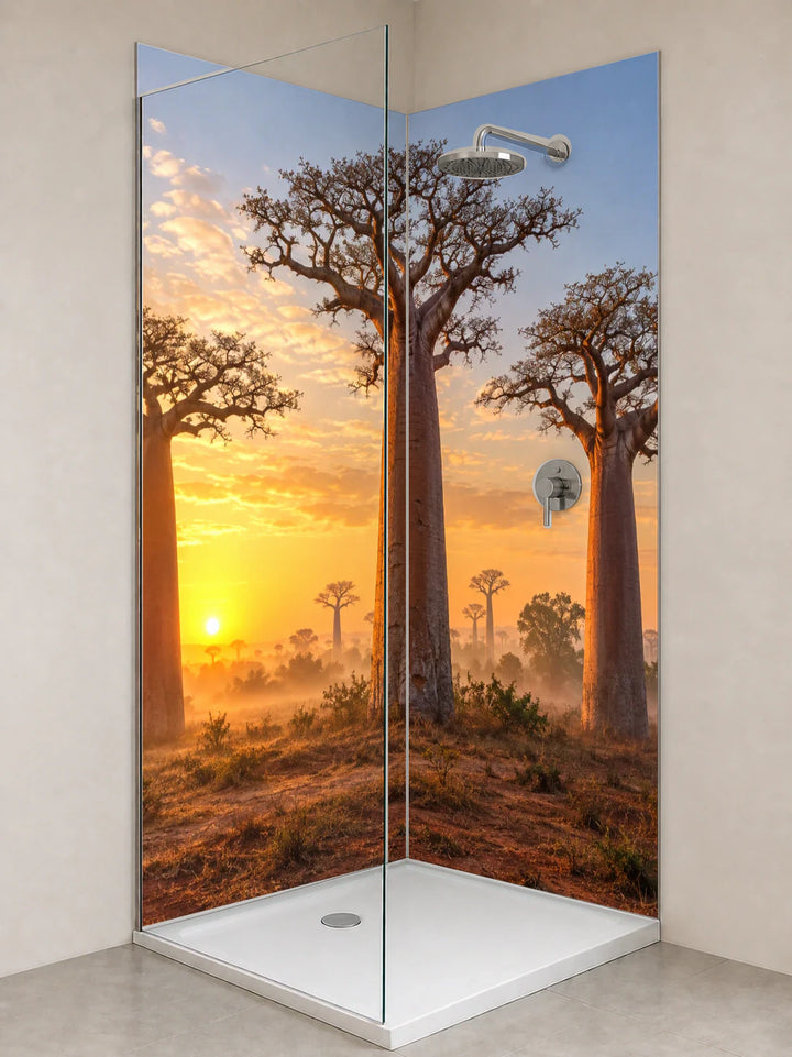 Duschrückwand „Baobabs im Morgennebel“ als installierte Rückwand in einer hellen Dusche