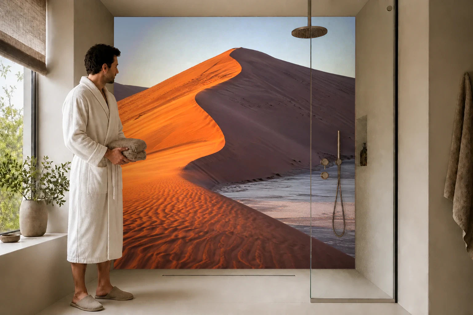 Duschrückwand „Sossusvlei am Morgen“ in einer Dusche mit einem Mann im Bademantel