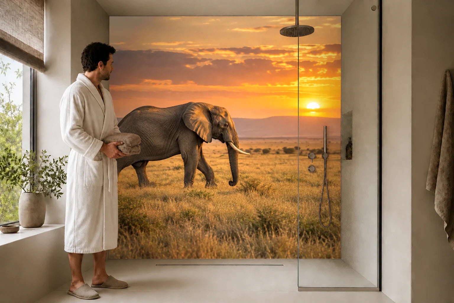 Duschrückwand „Elefant im Abendlicht der Serengeti“ in einer Dusche mit einem Mann im Bademantel
