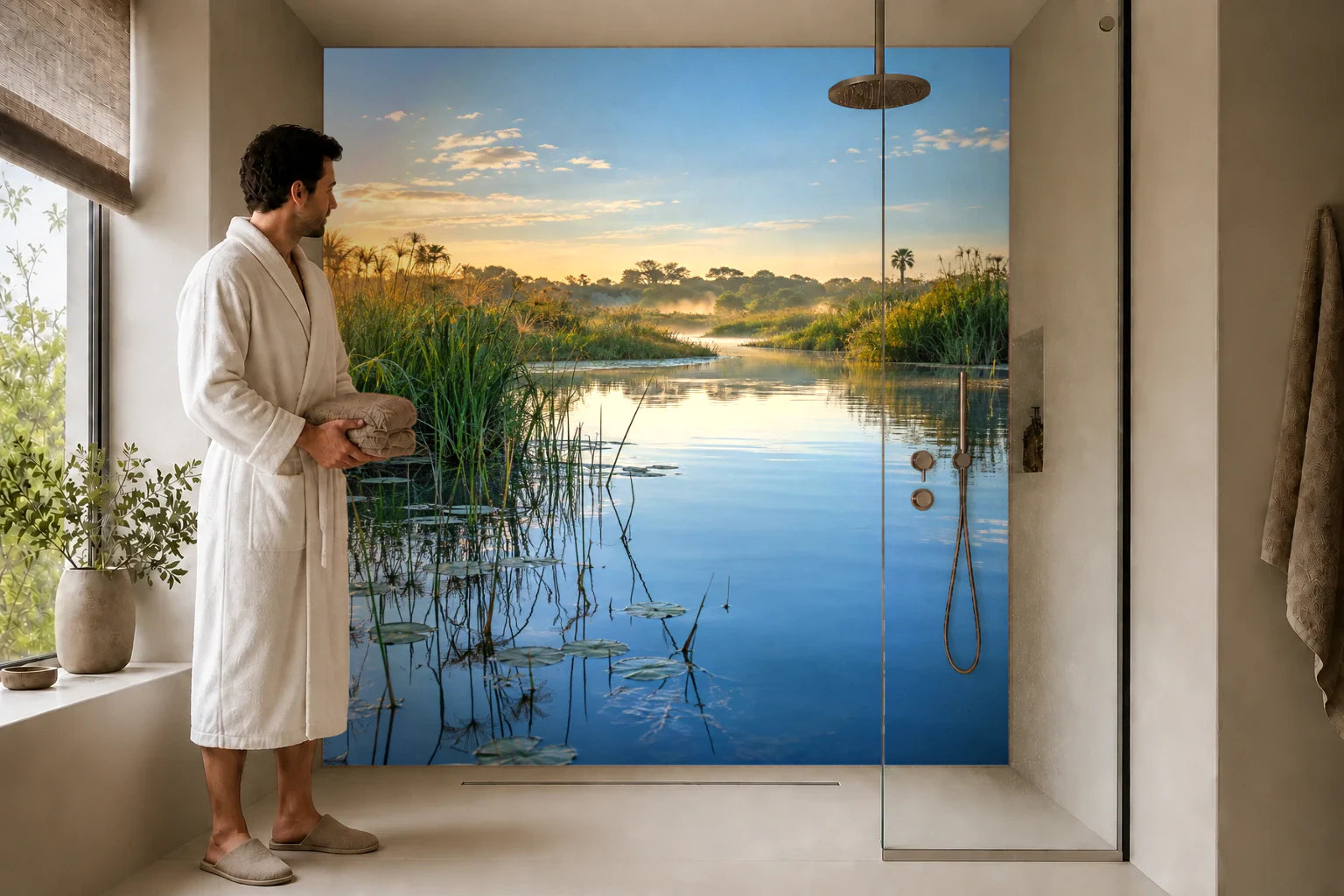 Duschrückwand „Stiller Wasserlauf im Okavango“ in einer Dusche mit einem Mann im Bademantel
