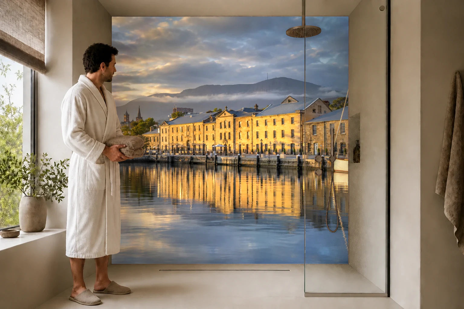 Duschrückwand „Hobart nach dem Regen“ in einer Dusche mit einem Mann im Bademantel